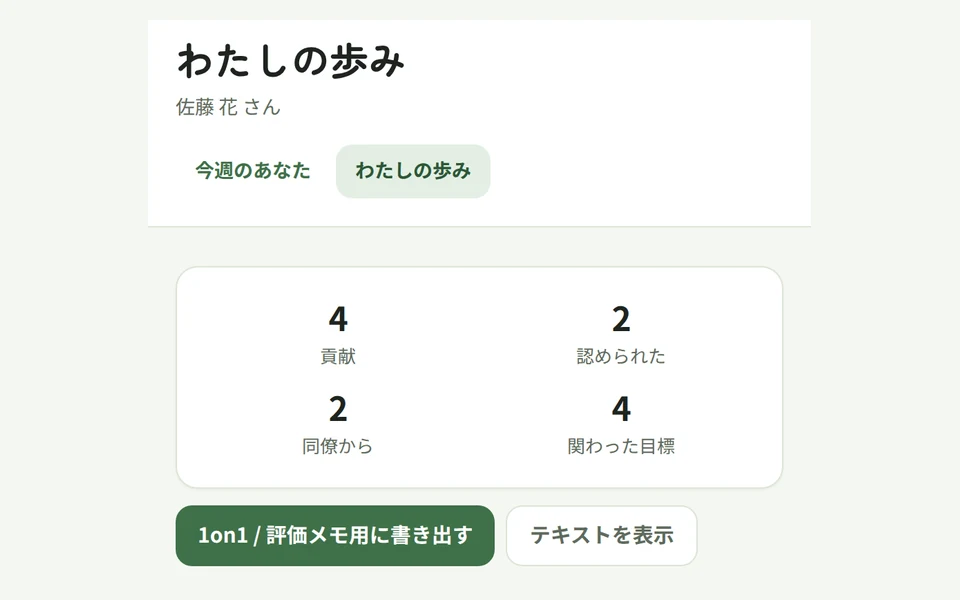 認められた仕事が目標別に積み上がる「わたしの歩み」の画面
